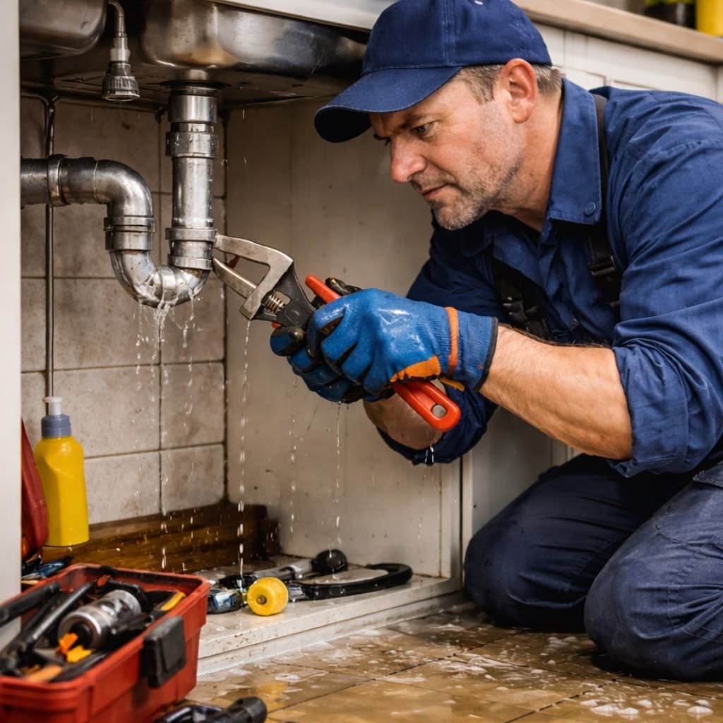 Plumber repairing a leaking pipe beneath a sink